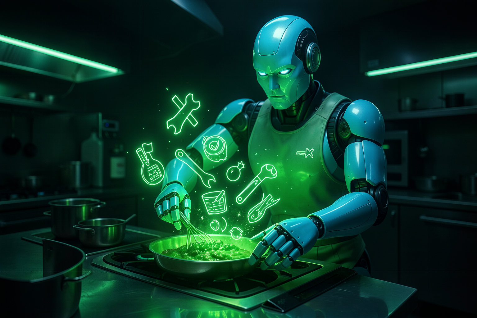 Cozinha profissional futurista com uma receita brilhando em holograma verde esmeralda e um cozinheiro robótico de mãos ciano manipulando ingredientes que são ícones de ferramentas digitais, representando o framework WAT