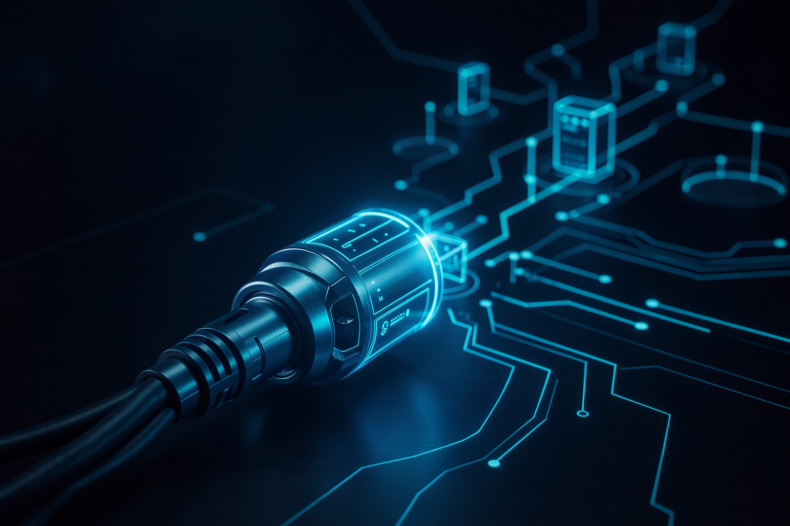 Tomada elétrica futurista conectando um agente a uma rede de nós de servidor, em tons de azul e ciano escuro, representando a conexão padronizada do MCP