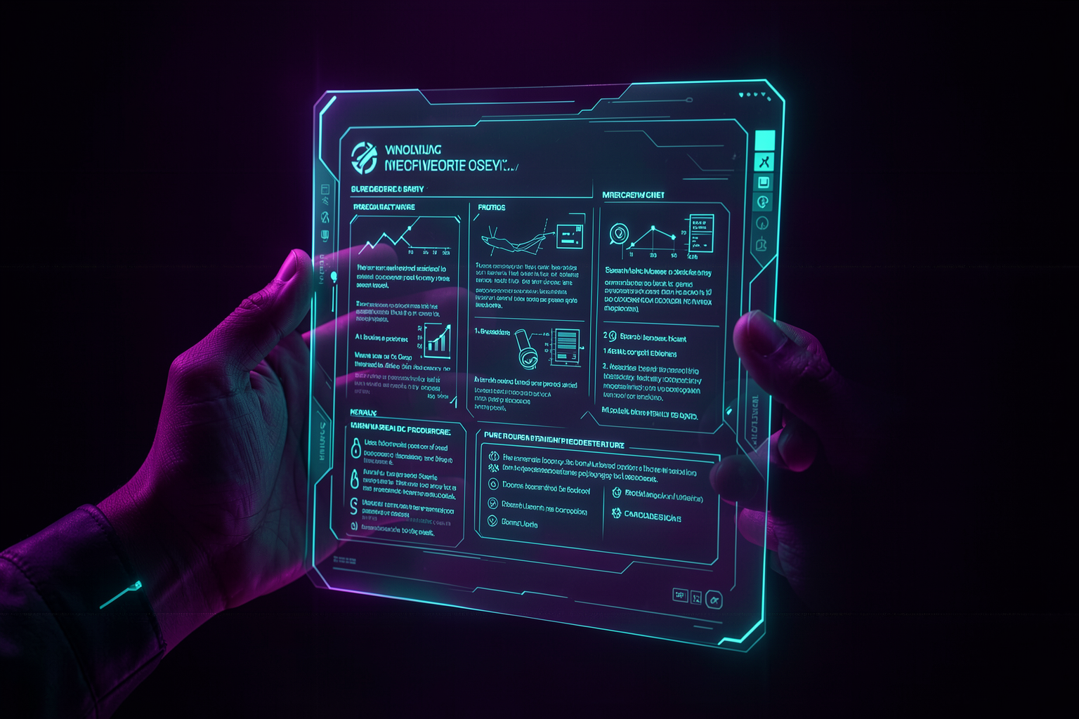 Ilustração escura em tons de roxo e ciano de camadas empilhadas representando níveis de carregamento de uma skill, com um agente robótico ao centro