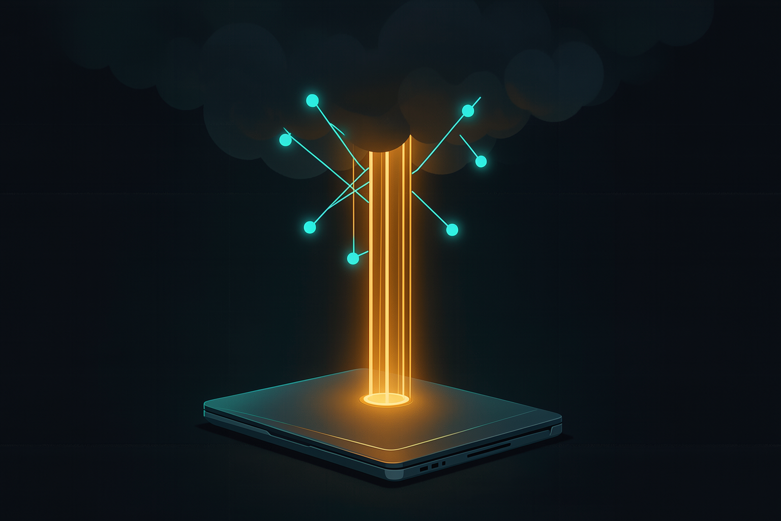 Um laptop fechando a tampa enquanto um fluxo de luz âmbar sobe em direção a um servidor na nuvem, com pontos ciano conectando os dois, representando a automação saindo do computador pessoal e passando a rodar na nuvem