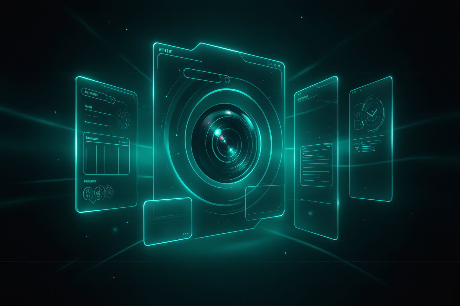 Interface futurista em tons de teal e ciano mostrando um monitor com uma página web sendo comparada a uma captura de tela de referência, simbolizando o agente que verifica visualmente o próprio trabalho