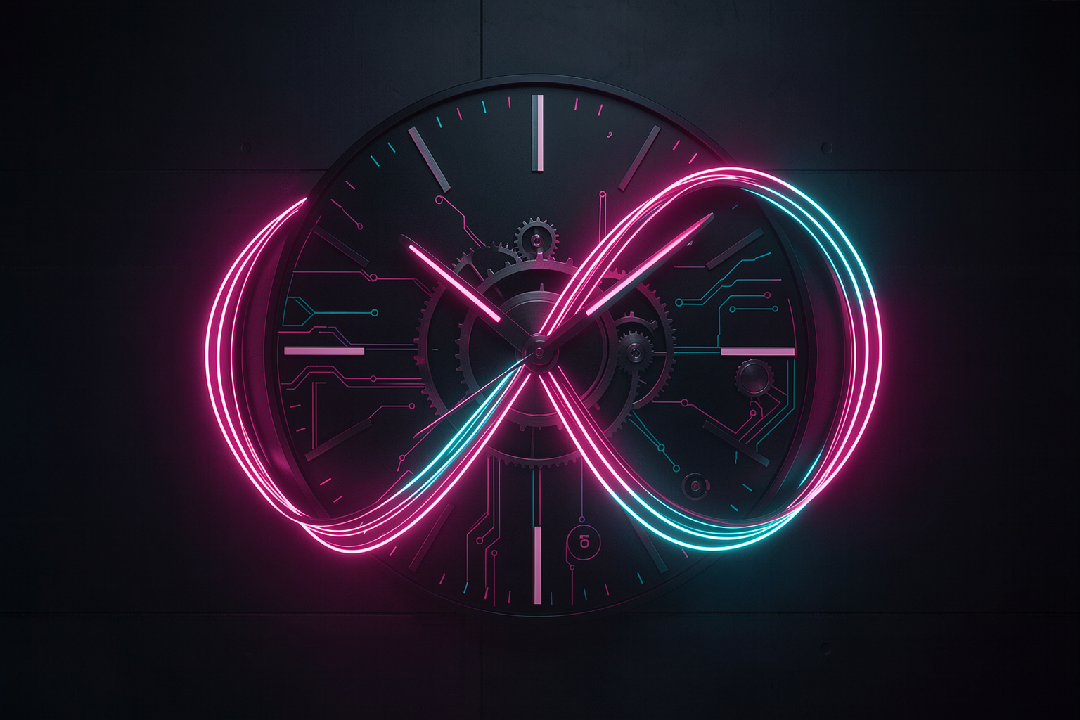 Ilustração de um relógio mesclado com um símbolo de loop infinito, em tons de rosa e ciano sobre fundo escuro, representando o tema da trilha: tempo, rotina e repetição